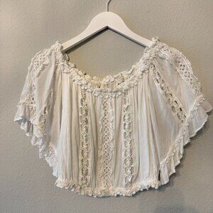 Off-the-should boho white lacey top blouse, size large
